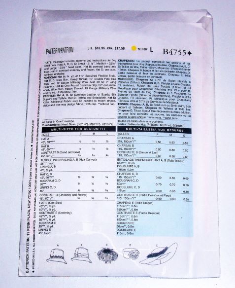Butterick B4755 Lined Hat Sewing Pattern Sz S-M-L
