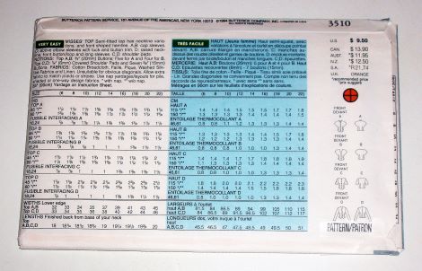 Butterick 3510 Misses Semi-Fitted Tops Sewing Pattern Sizes 6-10