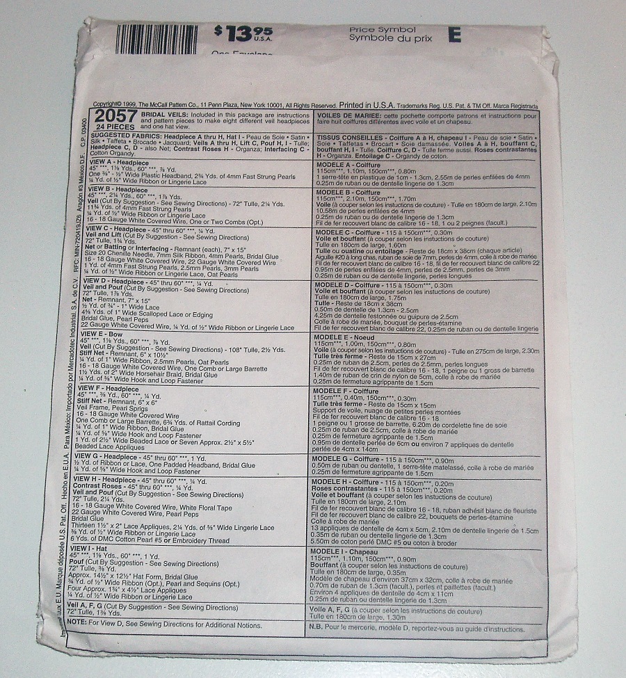 McCall’s 2057 Sewing Pattern Bridal Veil Variations & Hat Misses One Size 1999