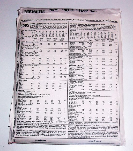 McCall’s 5092 Focus on Fake Fur Sewing Pattern – Size Large (18–20) – Misses Coats in 3 Lengths – 1990