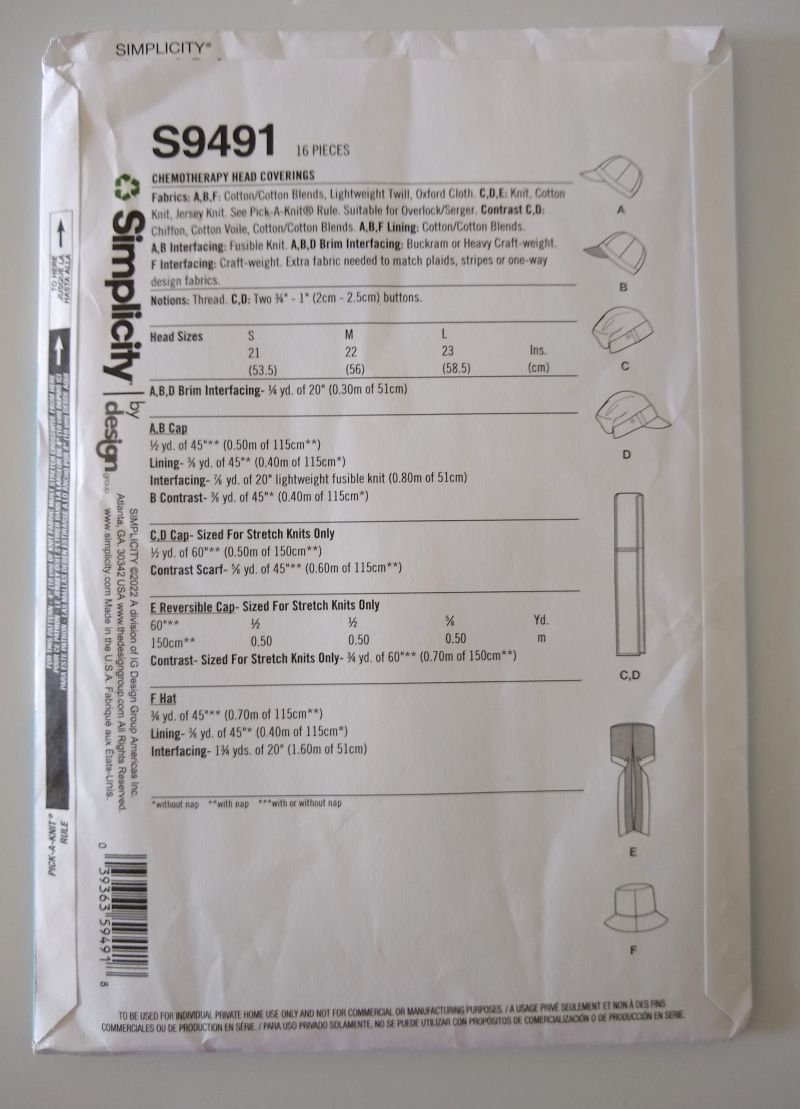 Simplicity S9491 Misses Adaptive Chemotherapy Headwear Sewing Pattern Sz S-L
