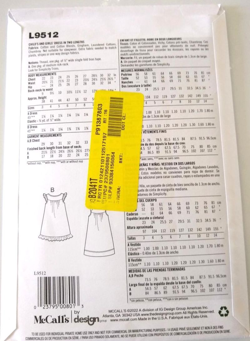 McCall's It's Sew Simple Child & Girls' Summer Dress Pattern Sz 3-14