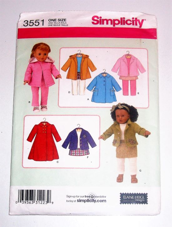Simplicity 3551 Sewing Pattern 18" Doll Clothes Jackets, Pants, Skirt & Shirt