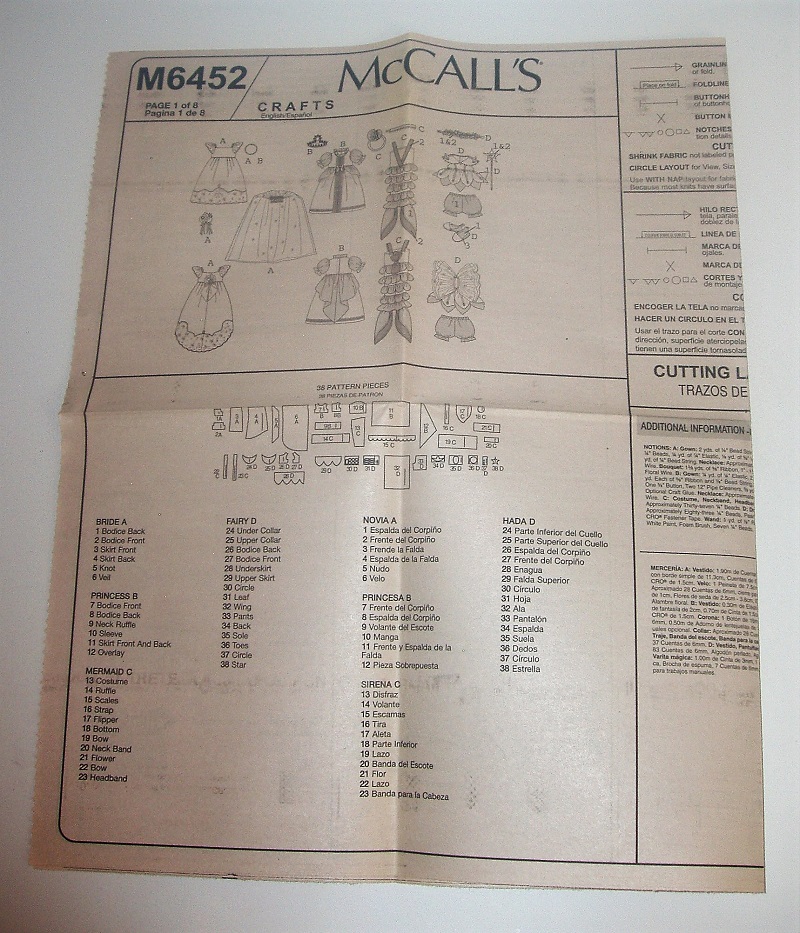 McCall's M6452 18" Doll Costume/Doll Clothes Craft Sewing Pattern 