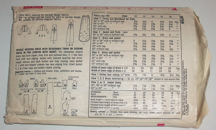 Vintage Simplicity 6759 Sewing Pattern Misses Wedding/Formal Dress Sz 12 Bust 32"