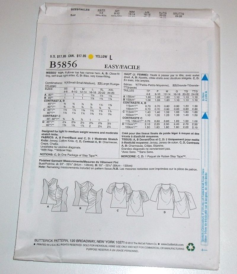 Butterick B5856 Misses Pullover Knit Tops Pattern (2012) Sizes XS-M