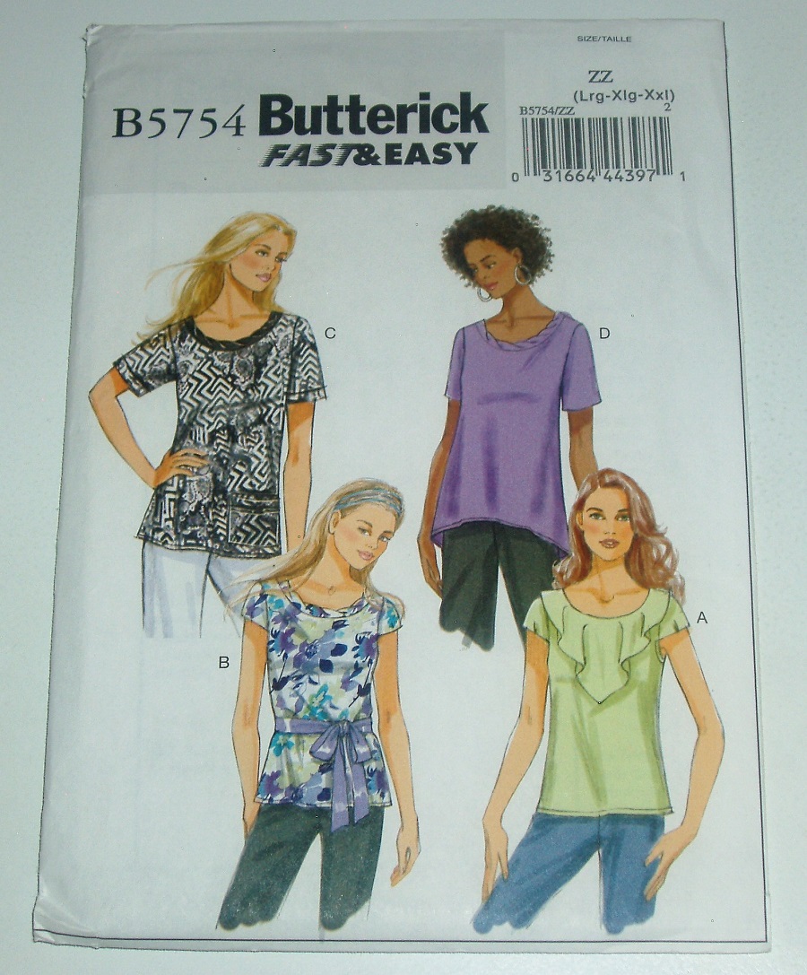 Butterick B5754 Fast & Easy Sewing Pattern Misses Loose-fitting Pullover Tops Sz L-XXL