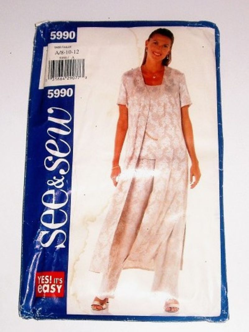 Butterick 5990 See & Sew Easy Sewing Pattern Misses/MP Duster, Top & Pants Sz 8–12