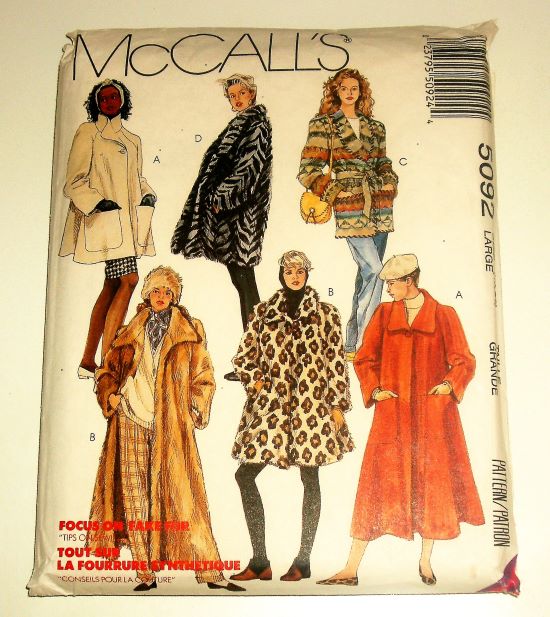 McCall’s 5092 Focus on Fake Fur Sewing Pattern – Size Large (18–20) – Misses Coats in 3 Lengths – 1990
