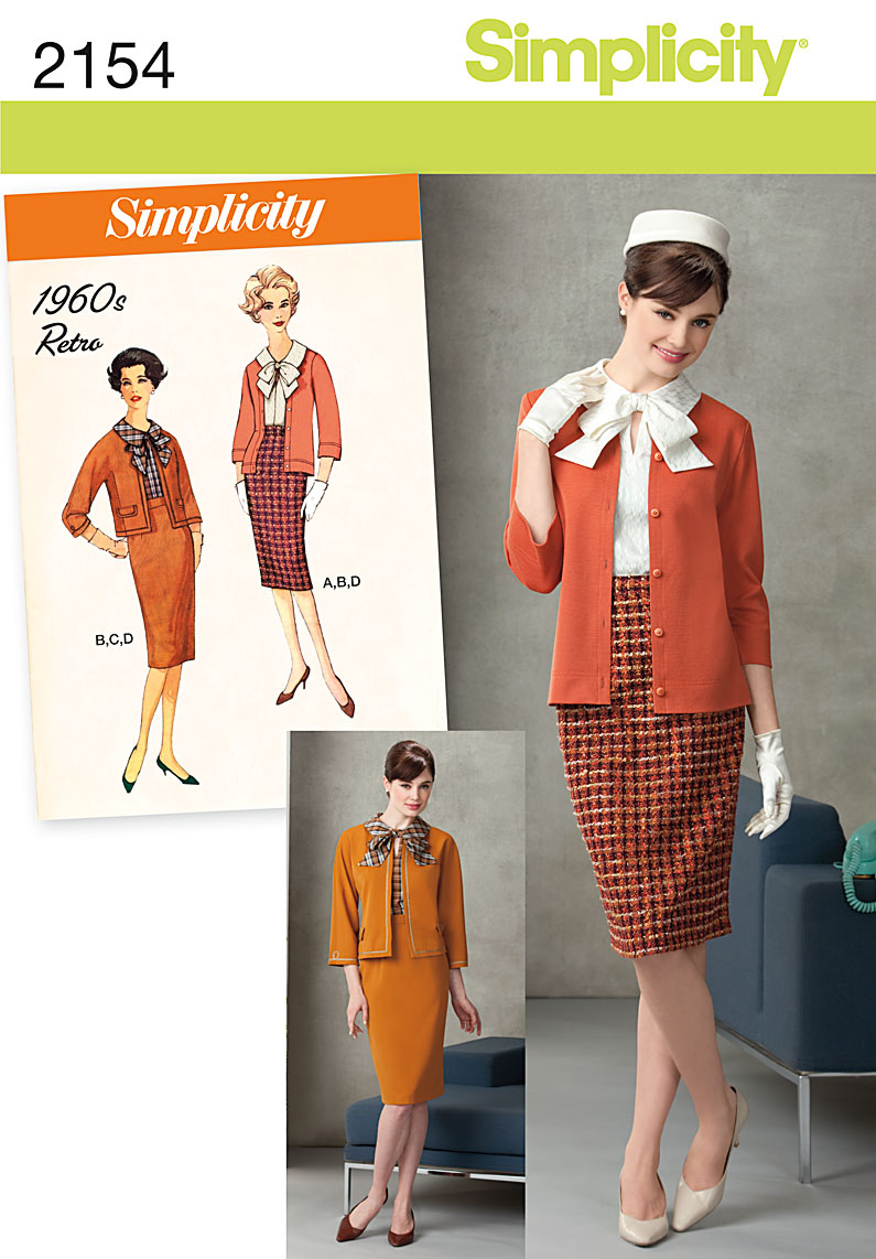 Simplicity 2154 Sewing Pattern 1960s Retro Misses Suit, Blouse, Skirt & Jacket