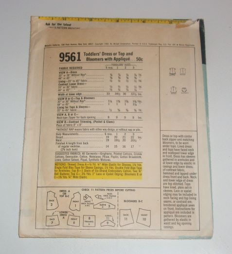 Vintage 1968 McCall’s 9561 Toddler’s Lined Dress, Top & Bloomers Size 1