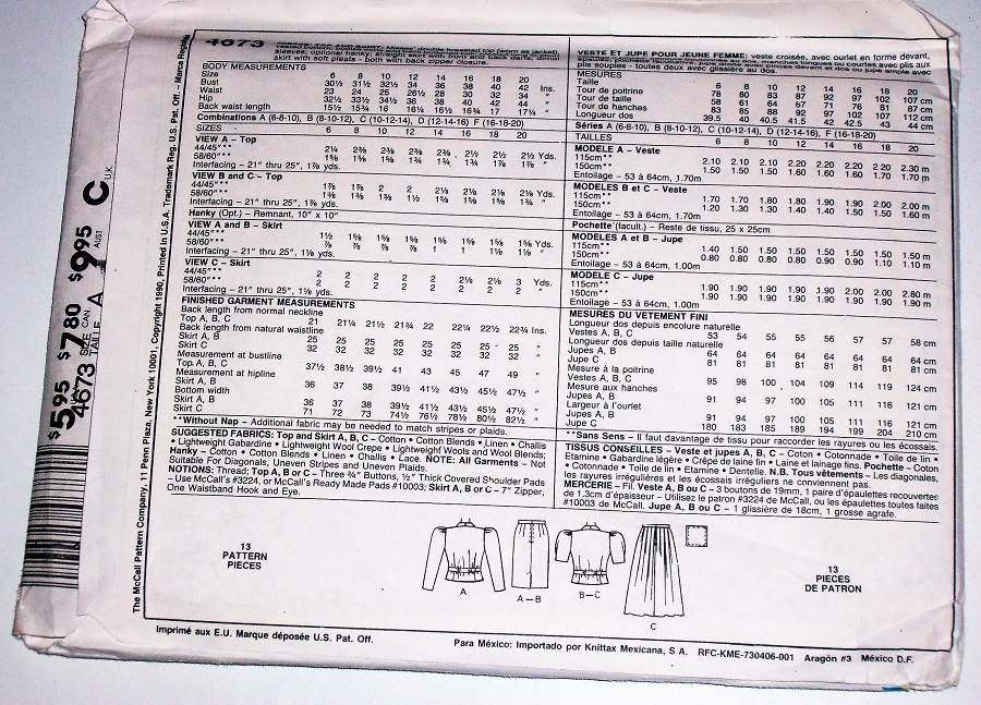 McCall’s 4673 Misses’ Top & Skirt Sewing Pattern Sizes 6–10 1990