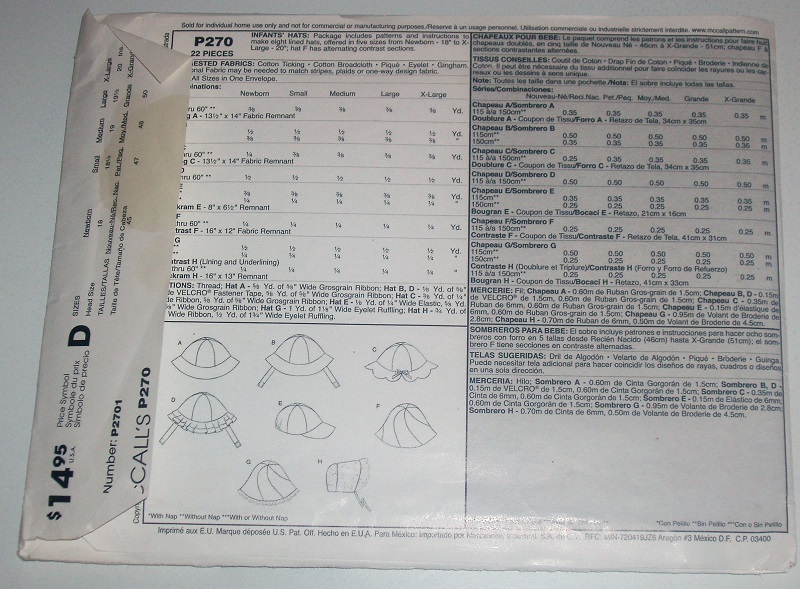 McCall's Fashion Accessories P270 Infants Lined Sun Hats Sz NB-XL