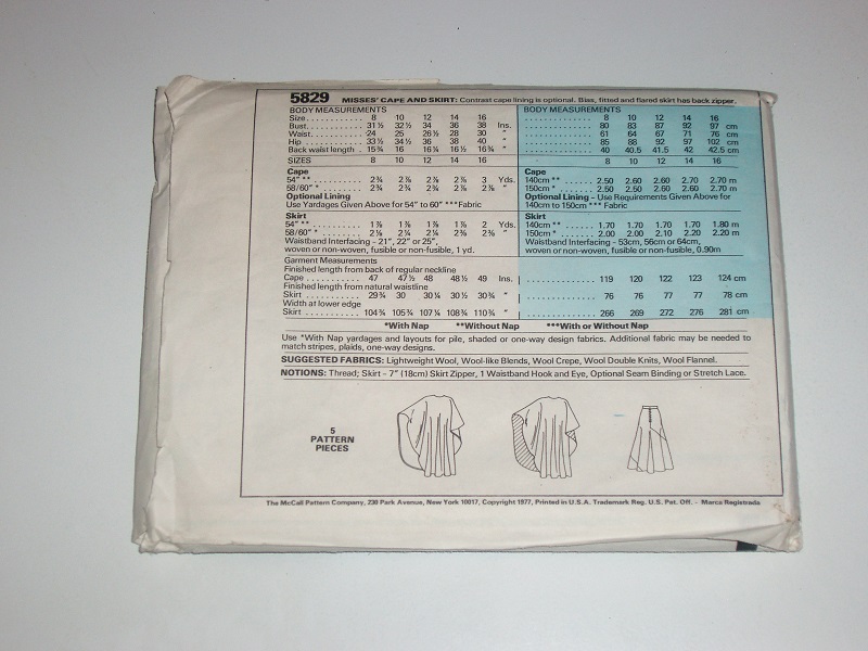 McCall's 5829 Halston Sewing Pattern Misses Cape & Flared Skirt Size 8 