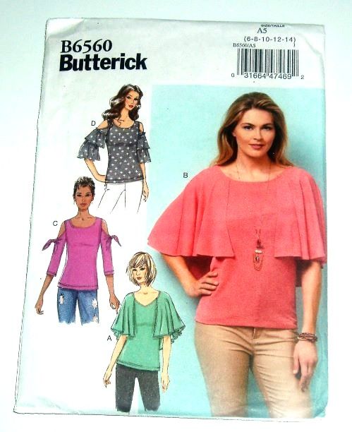 Butterick B6560 Sewing Pattern Misses Cold Shoulder Knit Tops Sizes 6–14