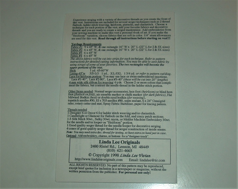 Savvy Serger Vest Sewing Pattern by Linda Lee Originals – XS to 3XL
