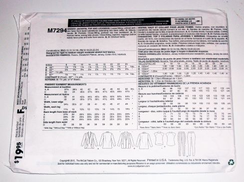 McCall’s M7294 Misses’ Jacket, Top & Leggings Sewing Pattern Sizes 8–16 2015