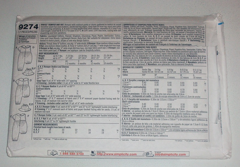 Simplicity 9274 Baby Rompers & Hat Sewing Pattern (Sizes XXS–L)