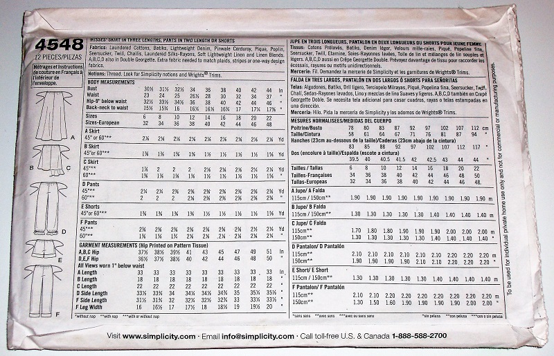 Simplicity 4548 Sewing Pattern 1 Hour Bottoms Pants Shorts Skirt Sz 6-12