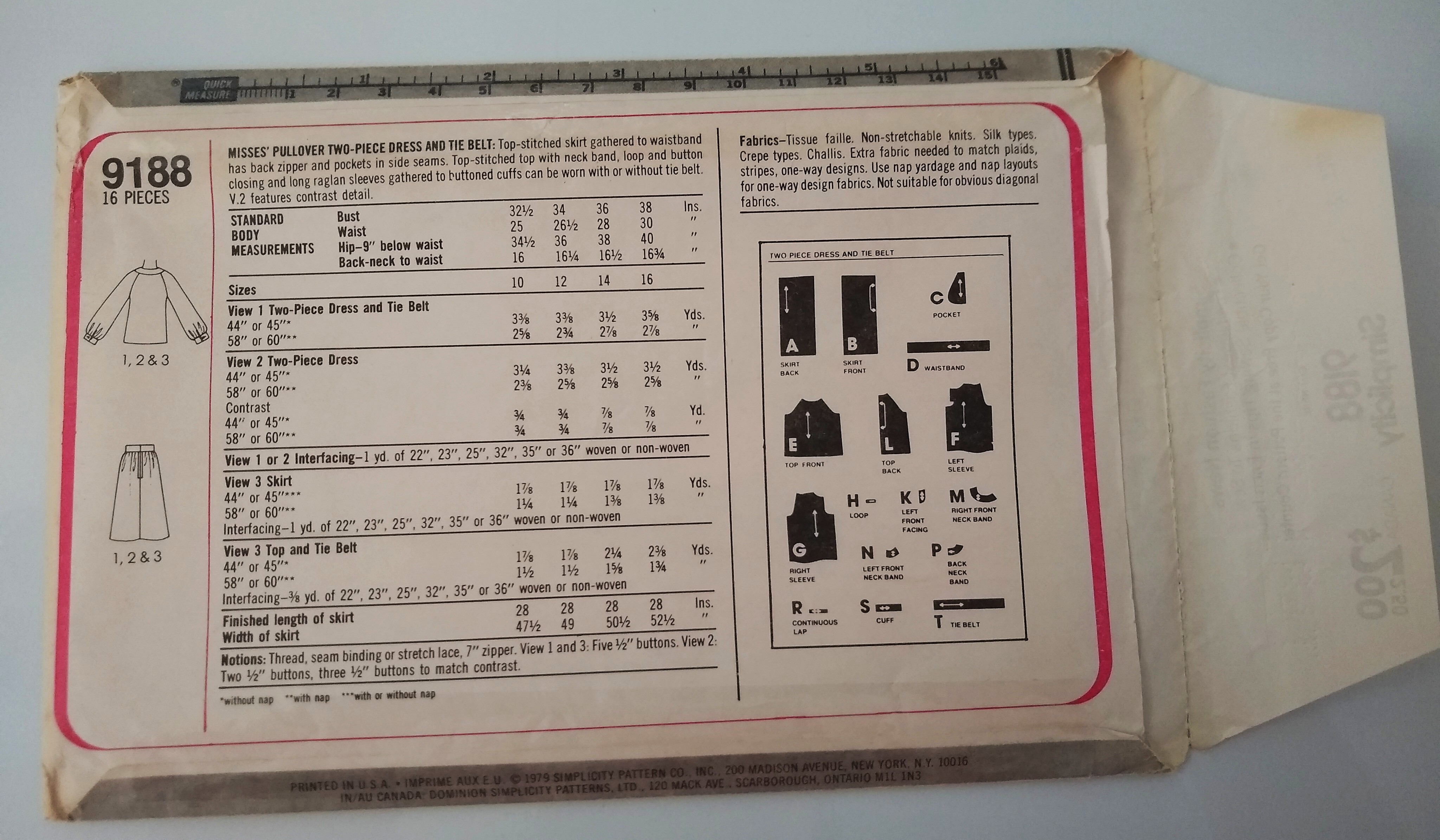 Simplicity 9188 Misses Two-Piece Dress & Tie Belt Sewing Pattern Size 12 Bust 34" (1979)