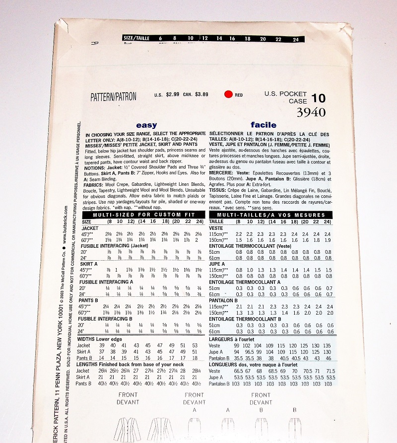 Butterick See & Sew 3940 Women’s Jacket, Skirt & Pants Sewing Pattern Sizes 8-12