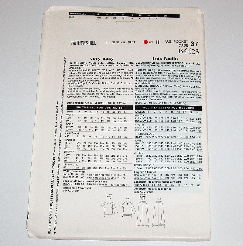 Butterick B4423 See & Sew Sewing Pattern Misses/MP Top & Skirt Sz 8-12