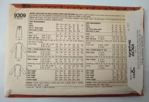 Simplicity 9309 Misses Jacket, Coat & Skirt Sewing Pattern Size 12 Bust 34" (1979)