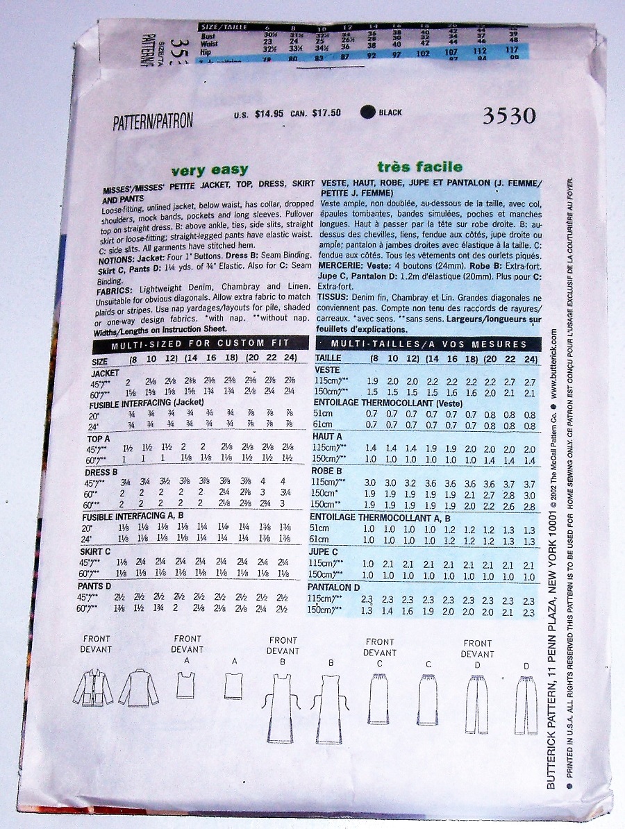 Butterick 3530 Lifestyle Wardrobe Sewing Pattern – Misses/Misses Petite Jacket, Top, Dress, Skirt & Pants – Plus Sizes 20–24
