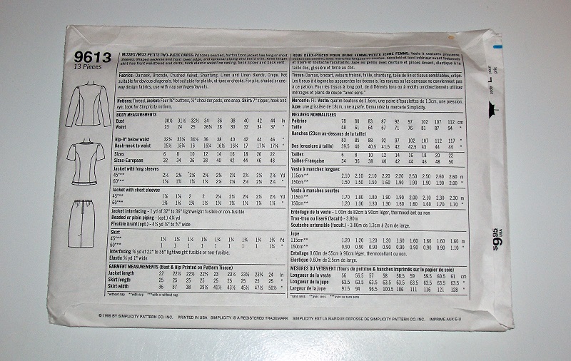 Simplicity 9613 Women’s Jacket & Skirt Suit Sewing Pattern Sizes 6, 8, 10