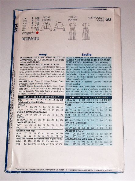 Easy See & Sew Butterick 5914 Sewing Pattern Misses Dress & Jacket Sizes 6–10