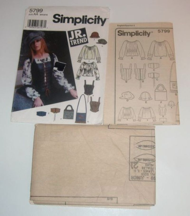 Simplicity 5799 Junior Trend Sewing Pattern (Sizes 3/4–9/10) Peasant Blouse, Corset Vest, Belt, Hats & Bags