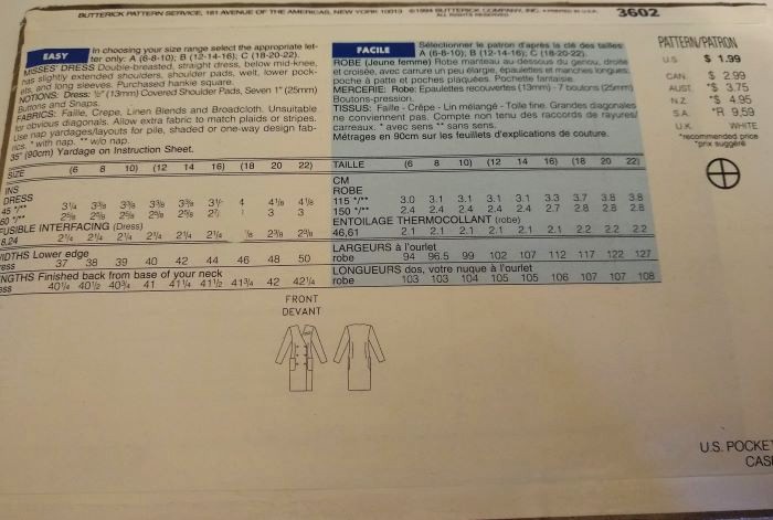 Butterick 3602 See & Sew Sewing Pattern Misses Double-Breasted Dress Sizes 12–16