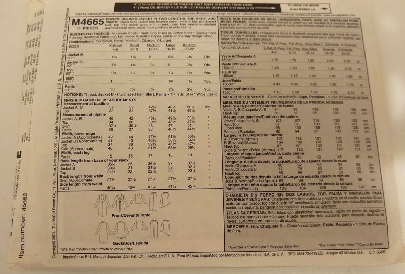 McCall’s M4665 Sewing Pattern – Misses Jacket, Top, Skirt & Pants – Sizes L–XL