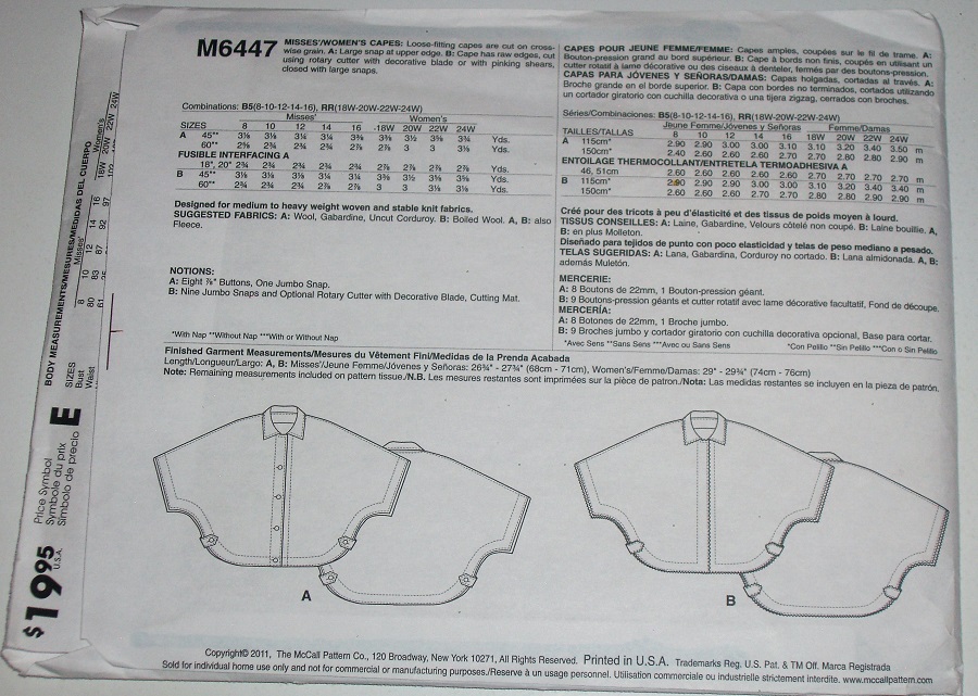 McCall's M6447 Sewing Pattern Misses/Women's Capes Sizes 18W-24W Plus Size