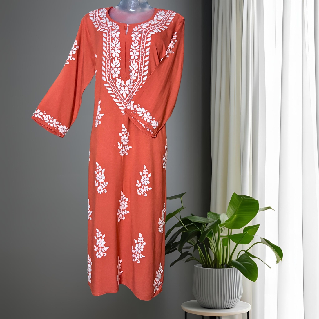 Aleena Rayon Fire Orange Long Kurti