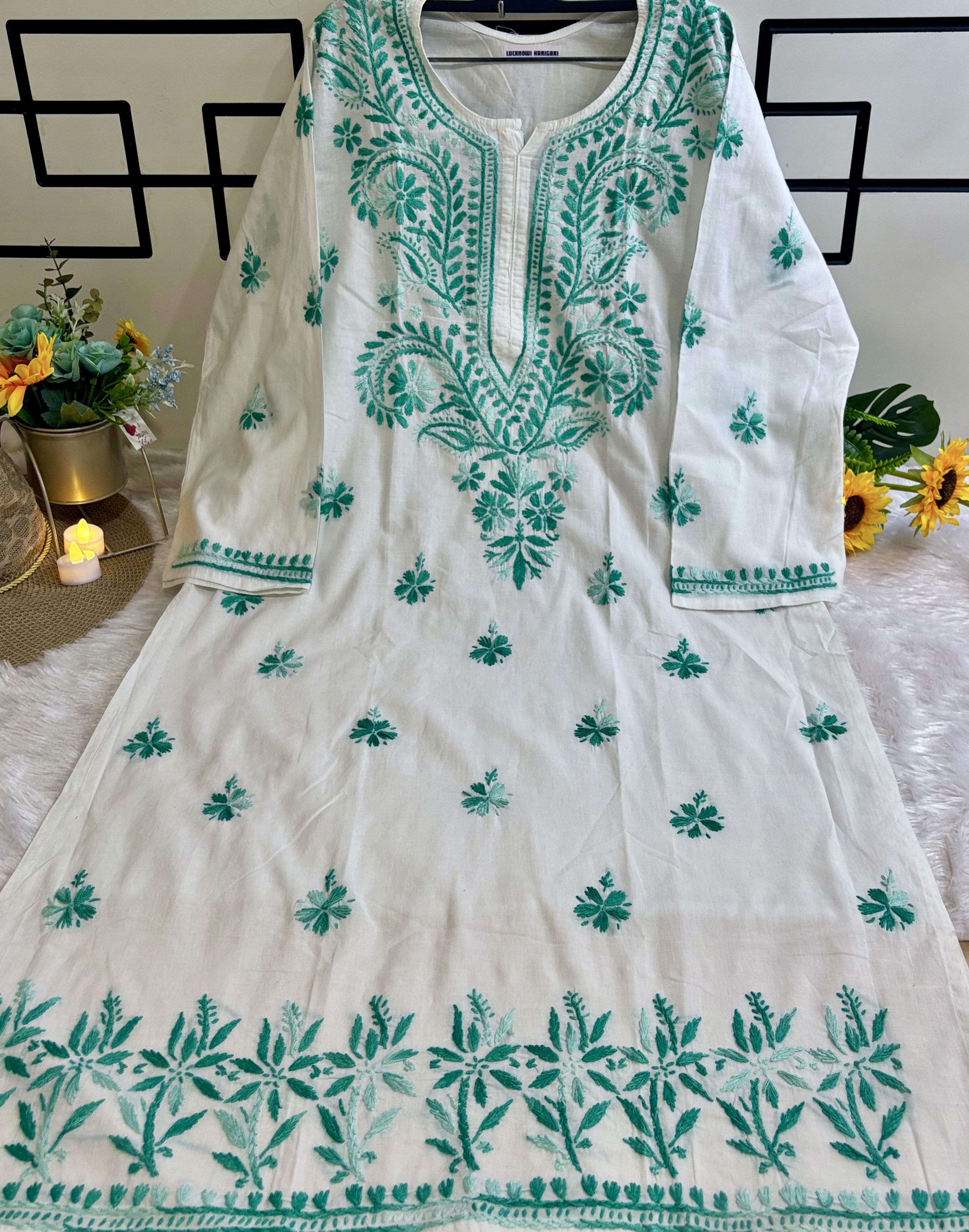 XL- Noor Cotton White-Mint Kurta