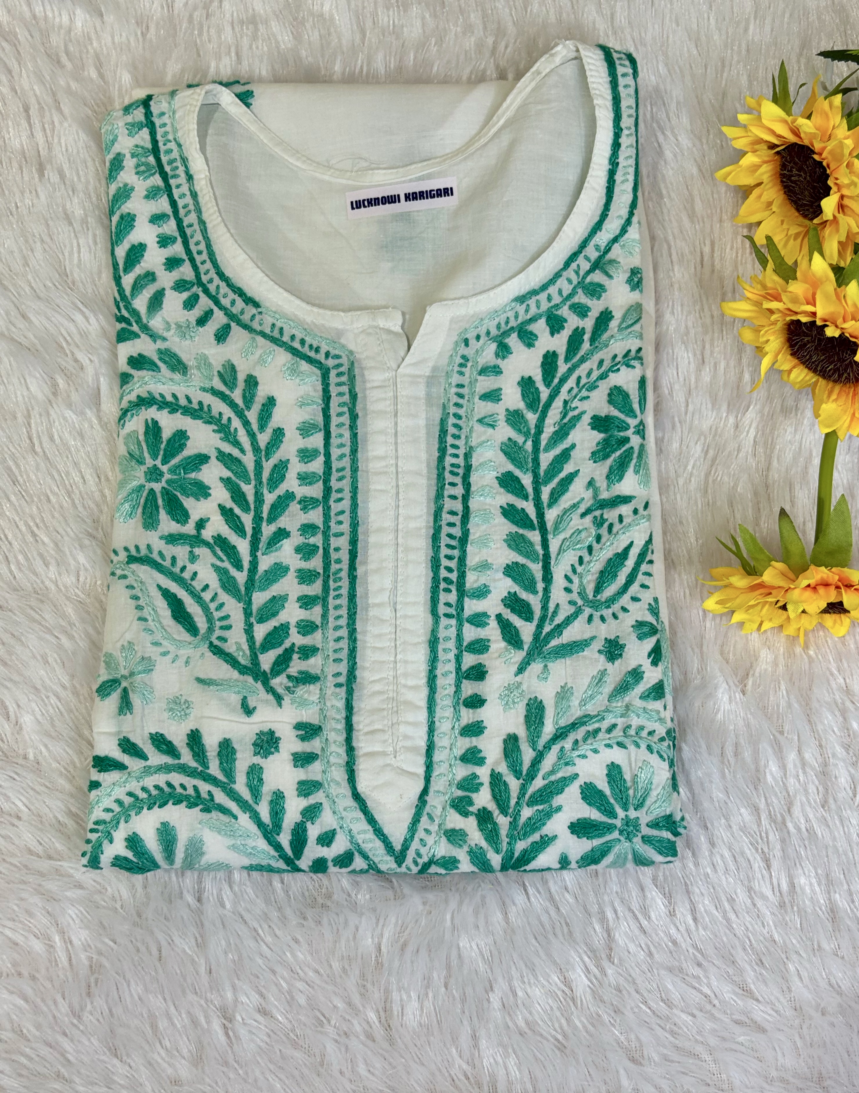 XL- Noor Cotton White-Mint Kurta