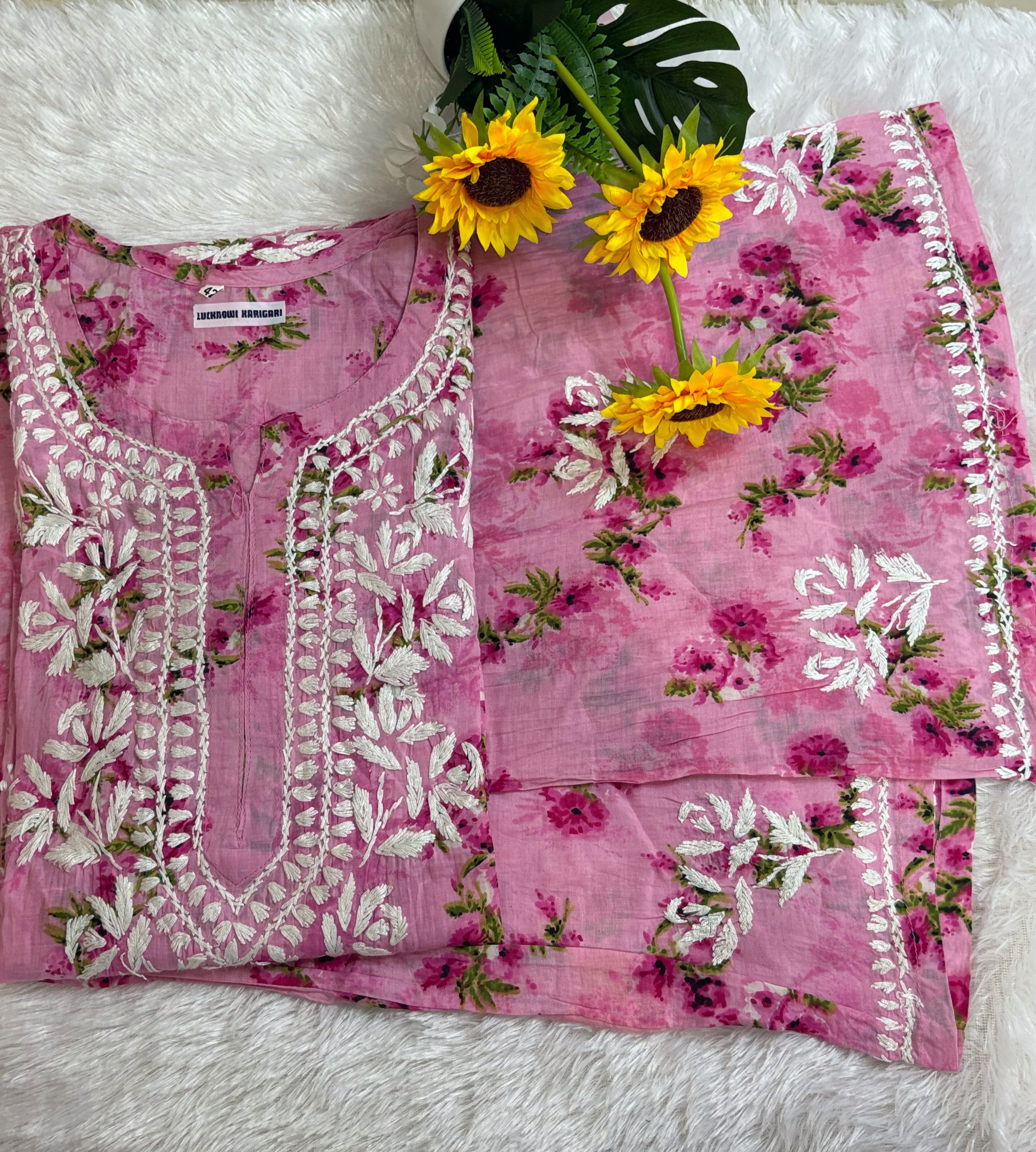 Premium Malmal -Pink Floral Embroidered Set