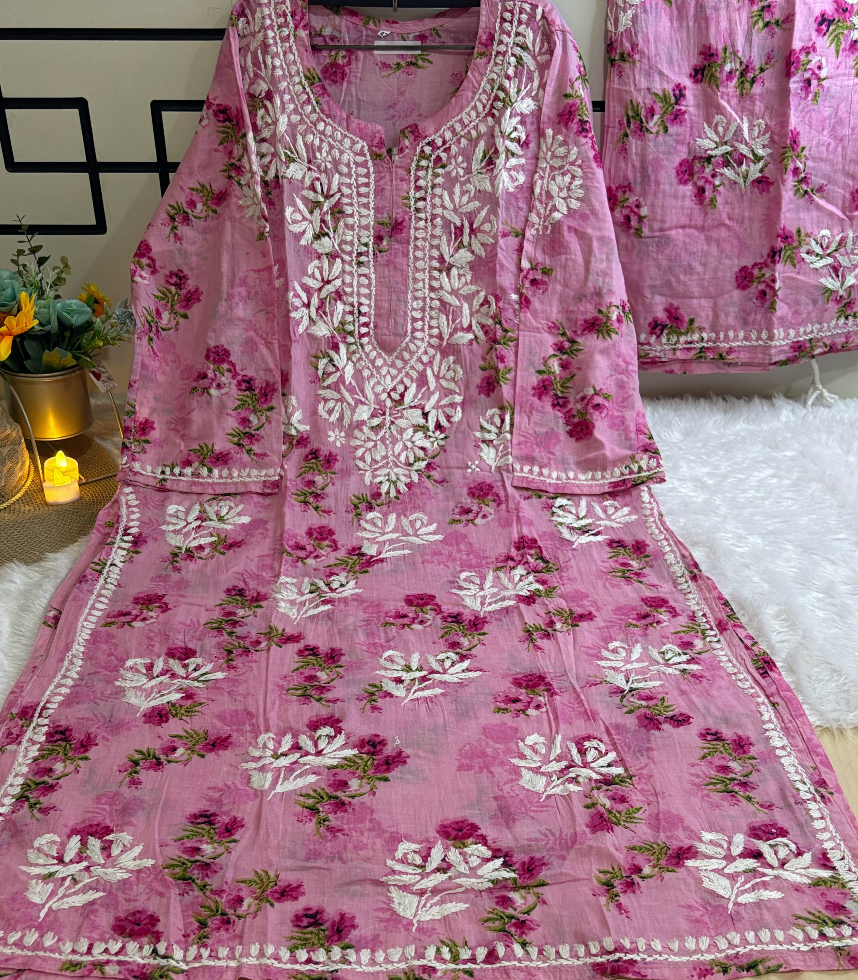 Premium Malmal -Pink Floral Embroidered Set
