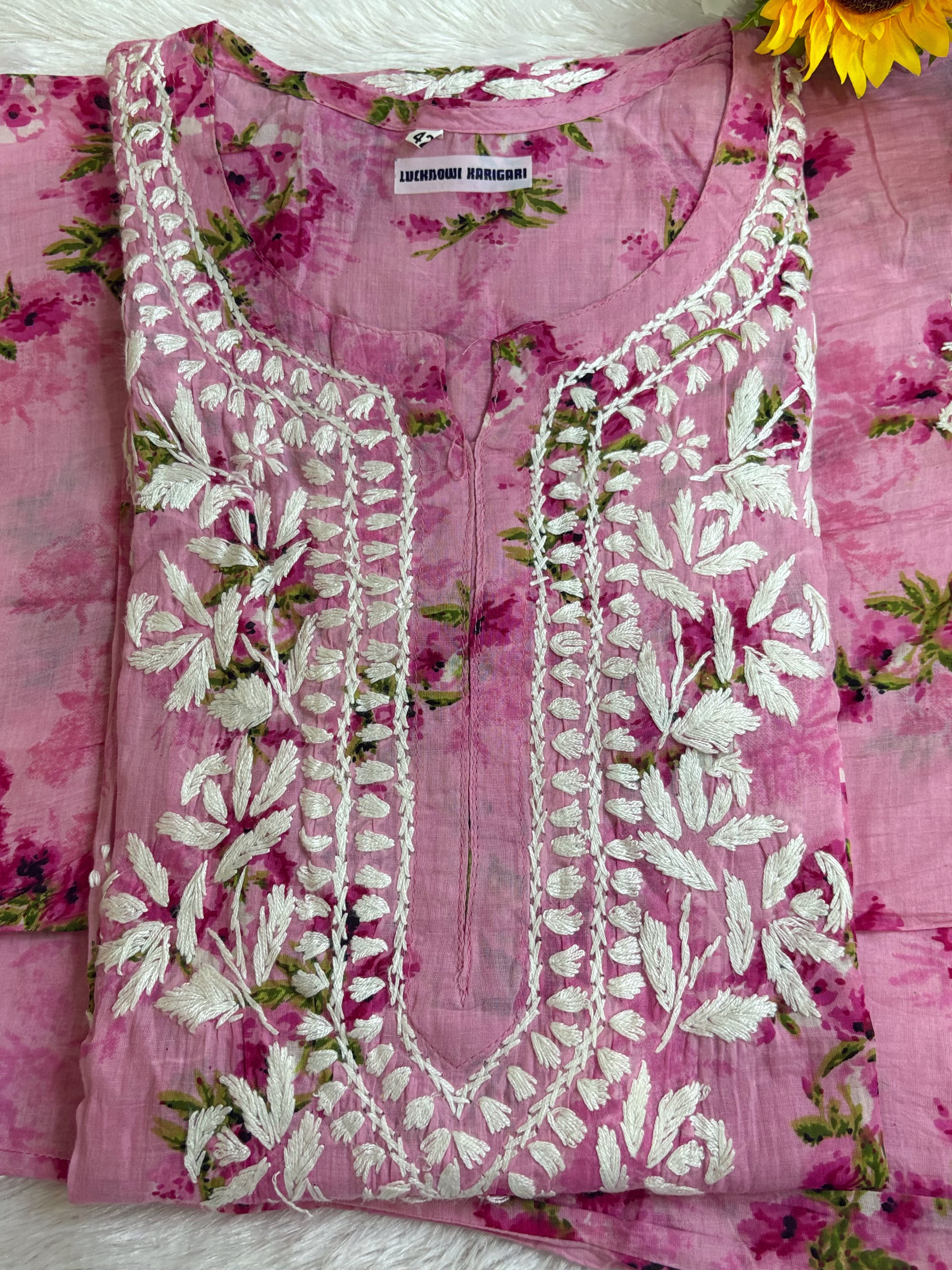Premium Malmal -Pink Floral Embroidered Set