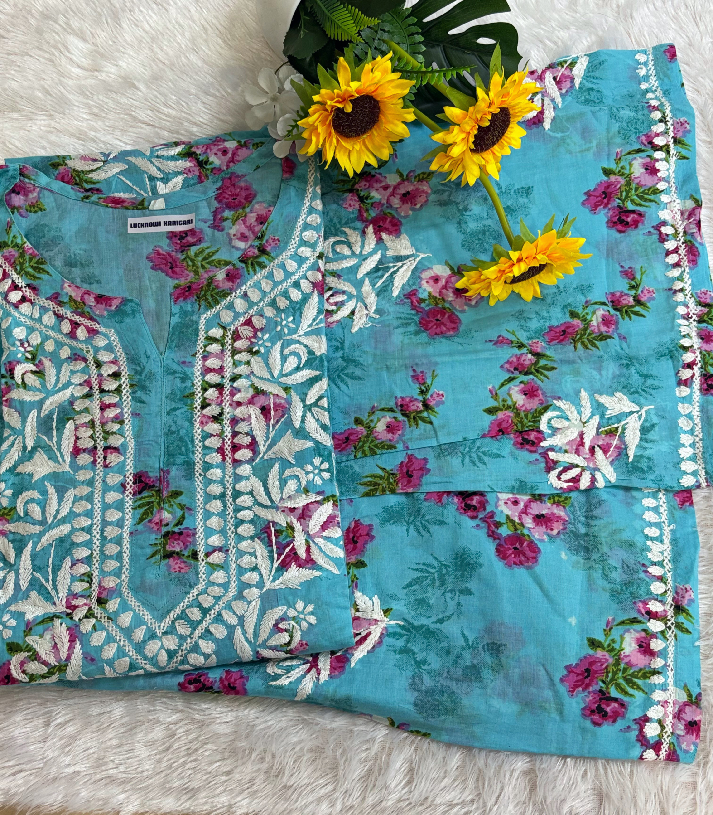 Premium Malmal -Light Blue Floral Embroidered Set