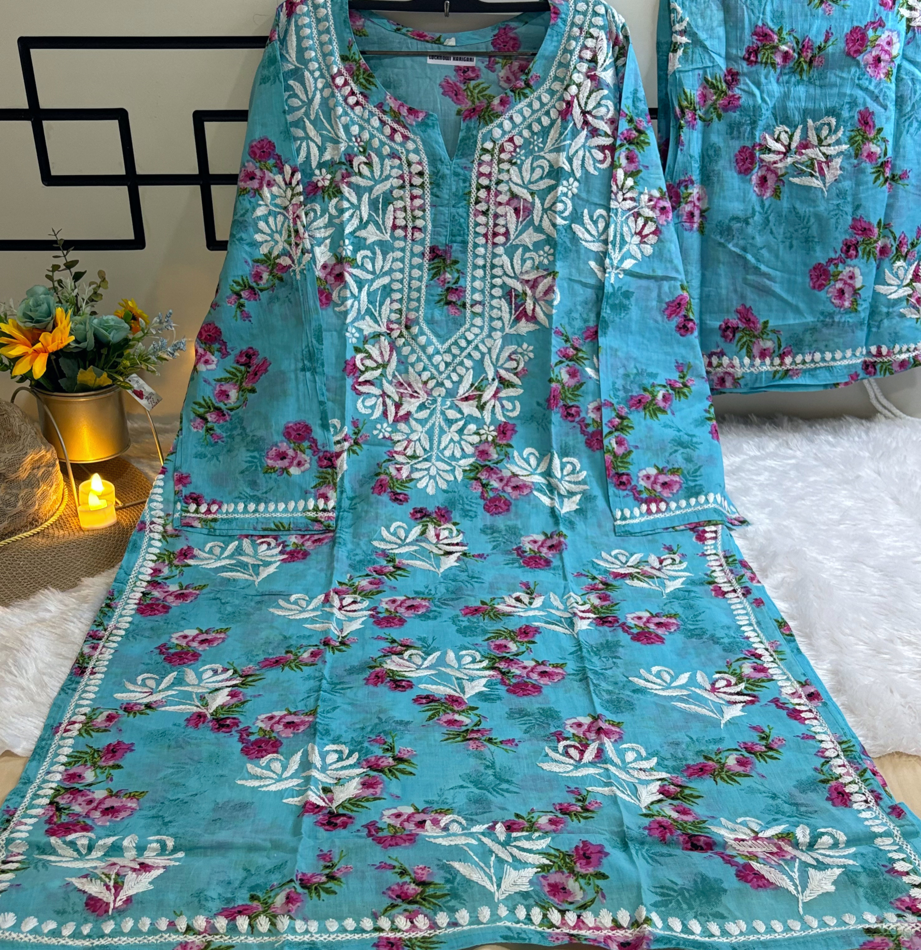 Premium Malmal -Light Blue Floral Embroidered Set