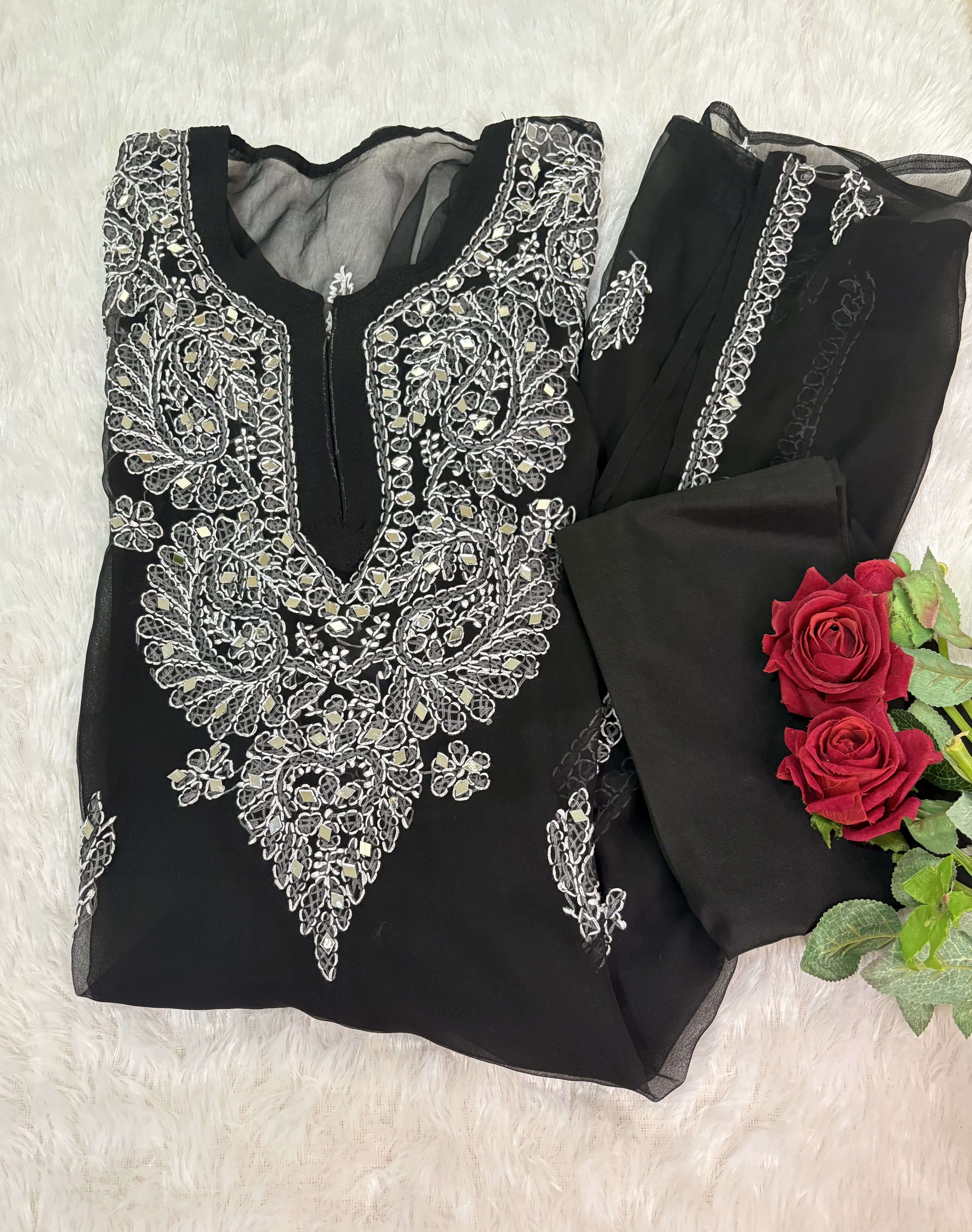 M-Georgette Black Mirror Work Kurti