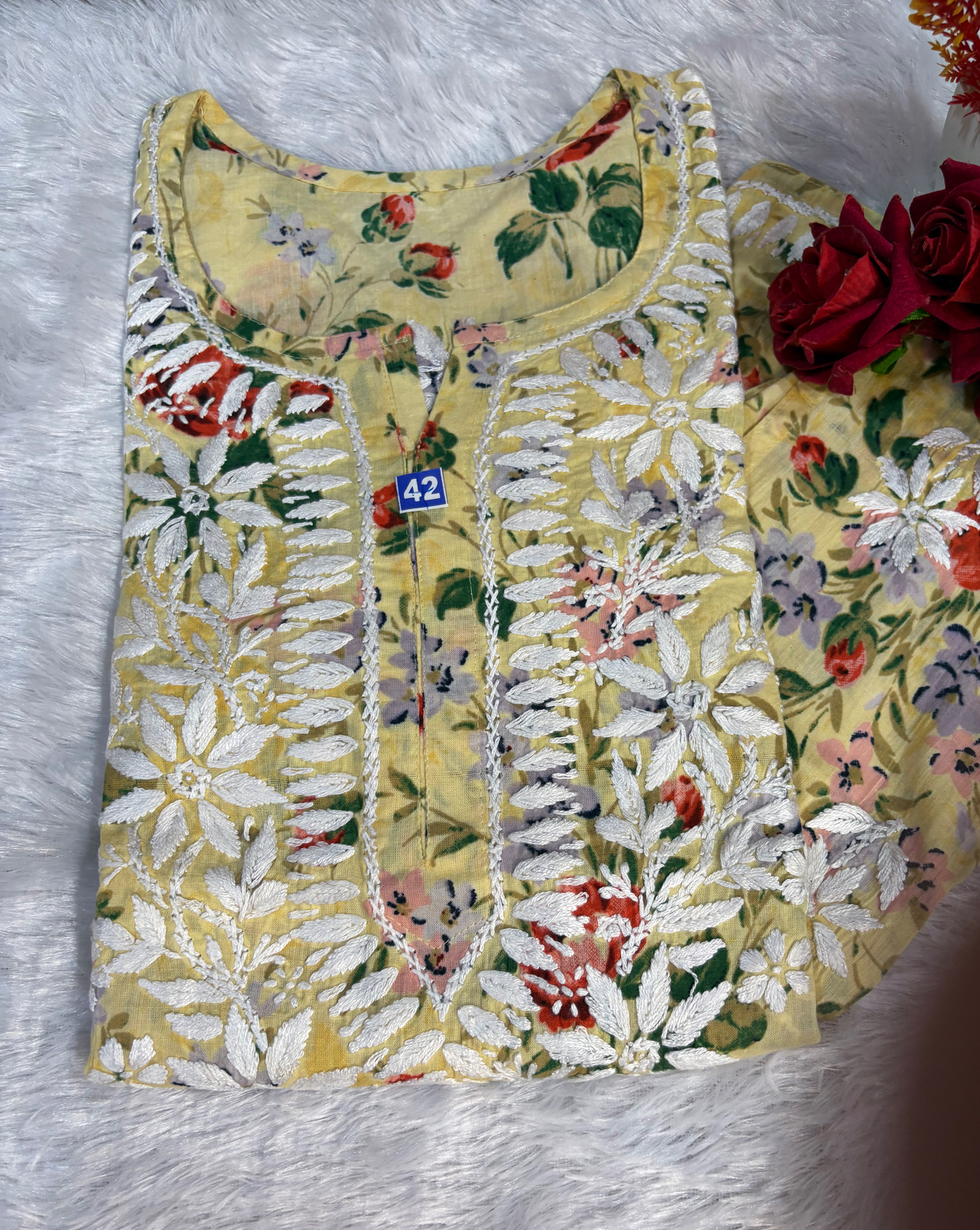 Malmal Cotton Yellow-Red Kurti