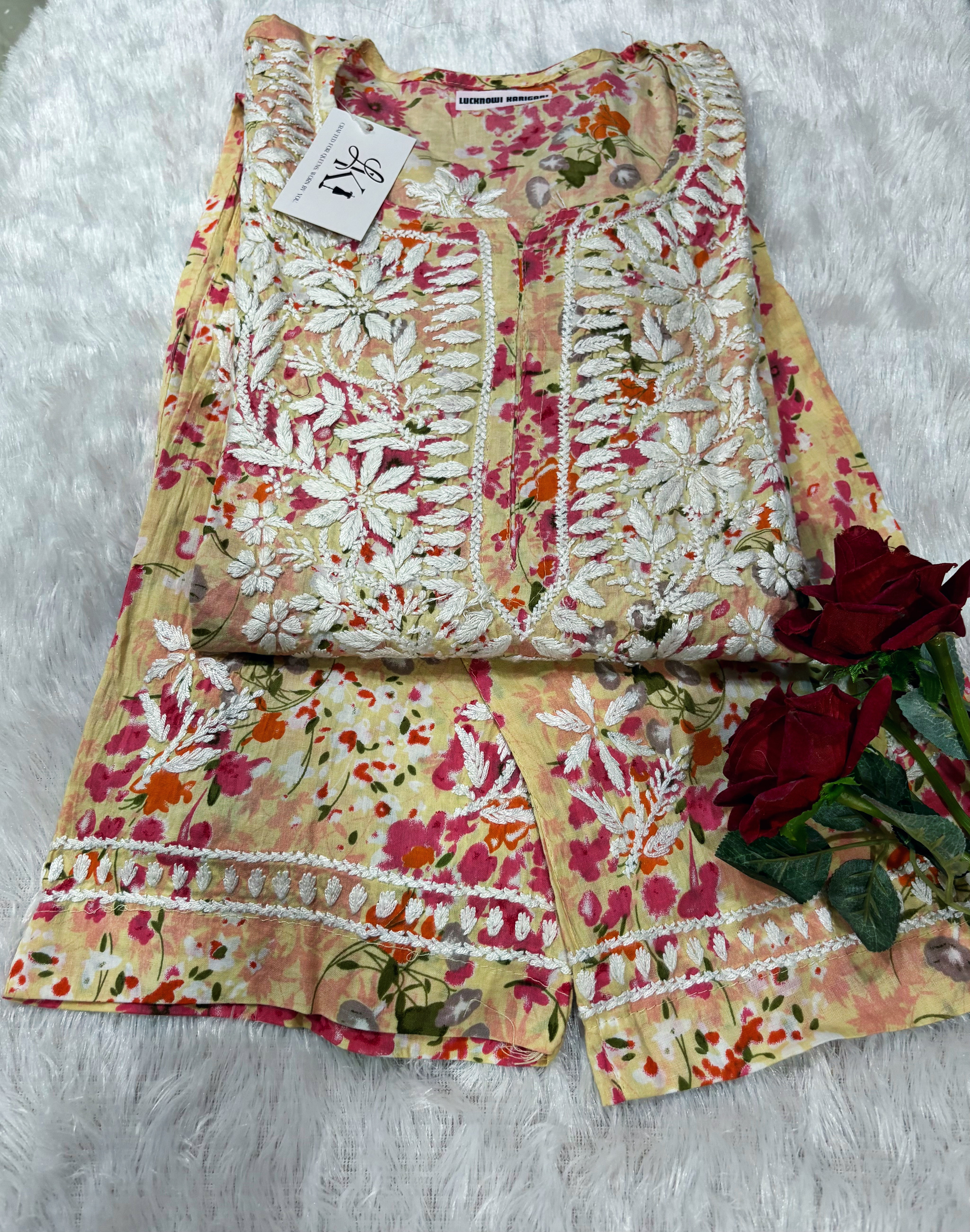 Malmal Yellow-Orange Kurti with Pant Set