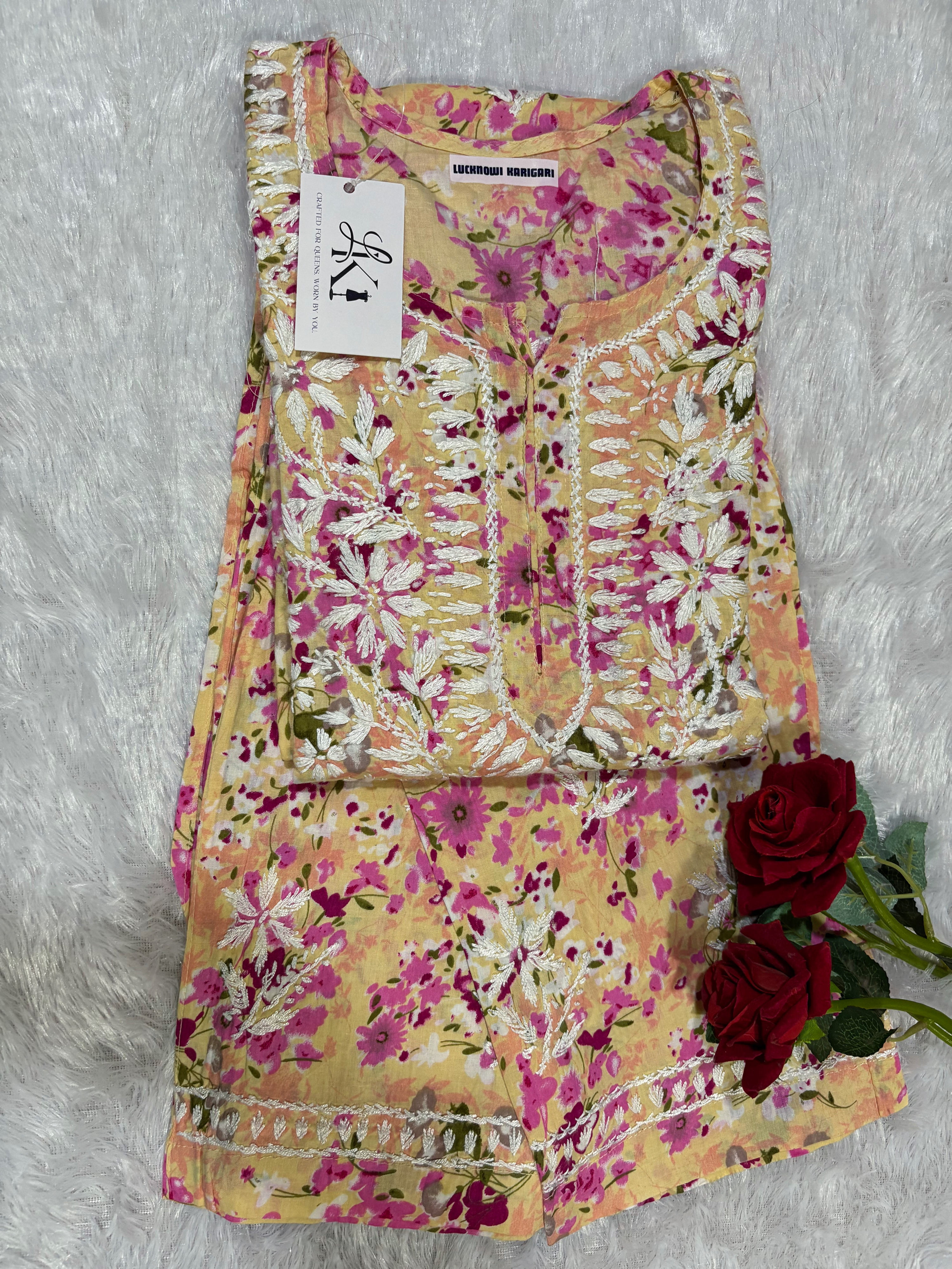 Malmal Yellow-Purple Kurti with Pant Set