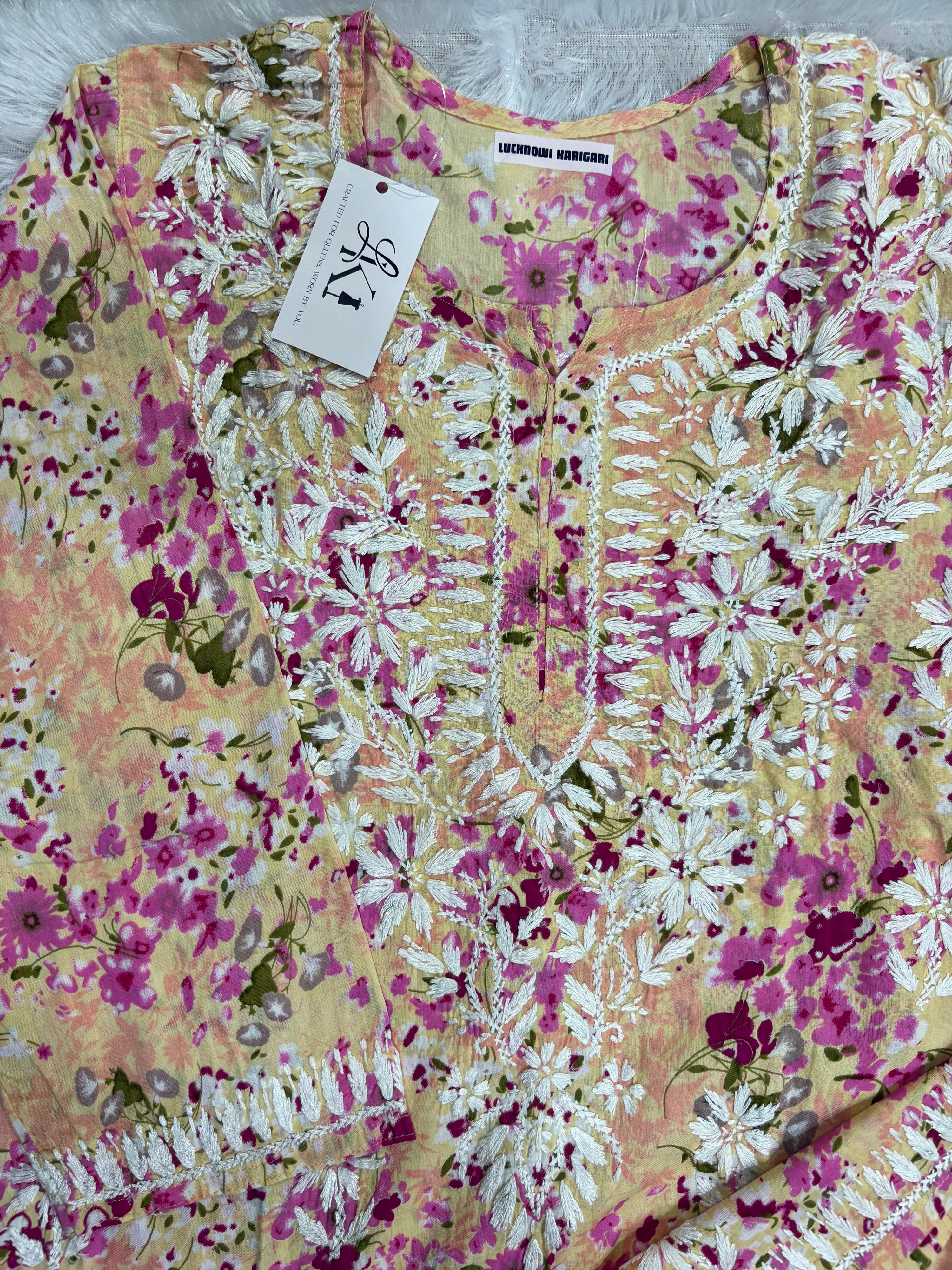 Malmal Yellow-Purple Kurti with Pant Set