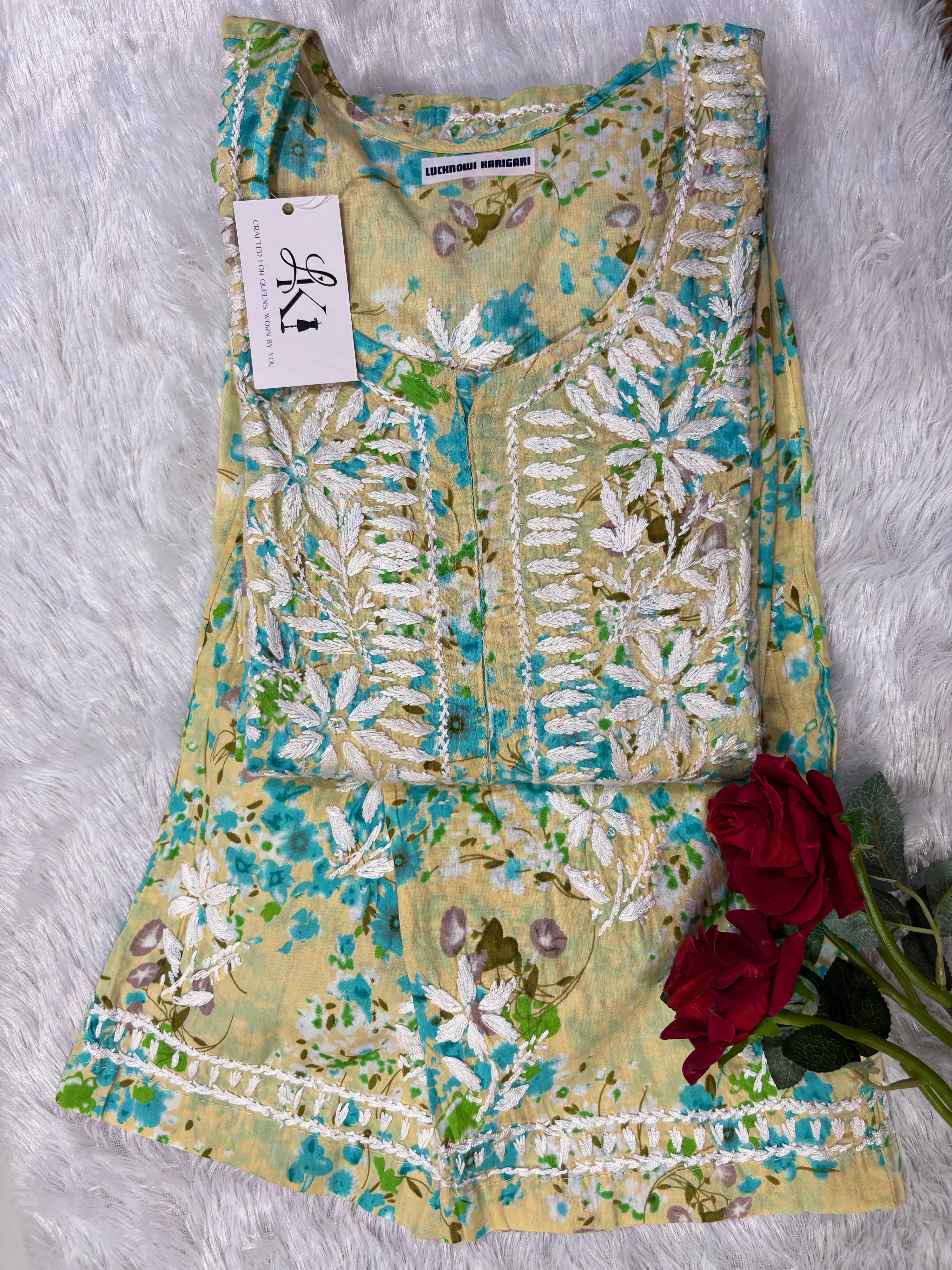 Malmal Yellow-Blue Kurti Pant Set