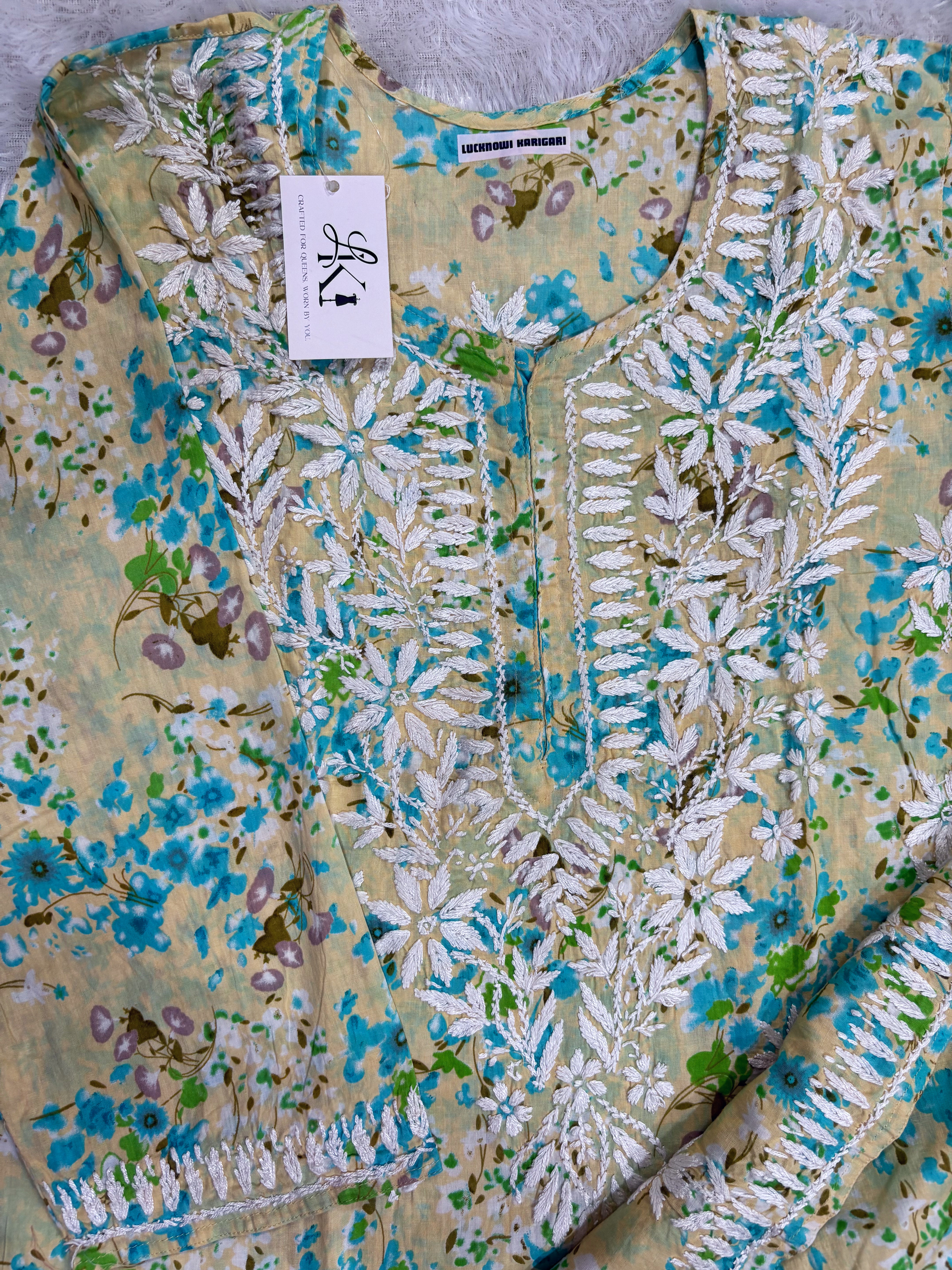 Malmal Yellow-Blue Kurti Pant Set