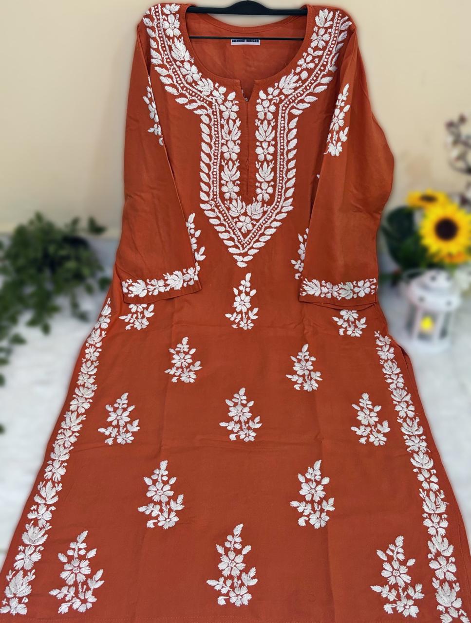 Aleena Rayon Fire Orange Long Kurti